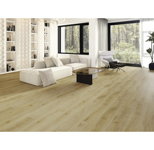 Svetlá obývacia izba s podlahou s dreveným vzhľadom, pohovkou, kreslami a regálmi