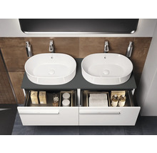 Kúpeľňa s dvojitým umývadlom, skrinkou a otvorenými zásuvkami na uloženie kúpeľňových potrieb.
