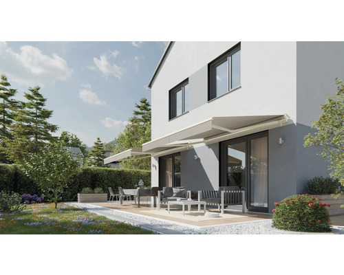 Fasáda domu s terasovým prístreškom, záhradným nábytkom a vonkajším priestorom