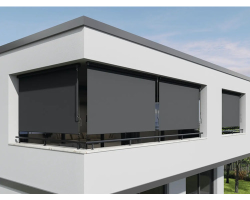 Tmavosivé balkónové markízy na modernej budove na ochranu pred slnkom