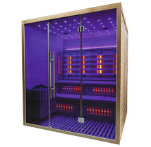 Infračervená sauna so sklenenou prednou stranou a drevenými prvkami
