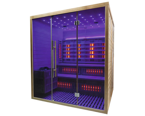 Infračervená sauna so sklenenou prednou stranou a drevenými prvkami