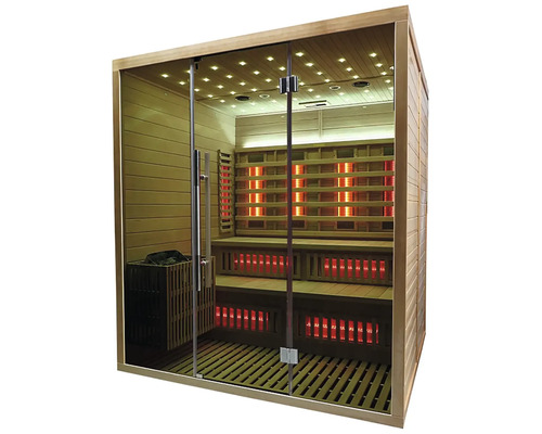 Infračervená sauna s drevenými lavicami a sklenenou prednou stenou