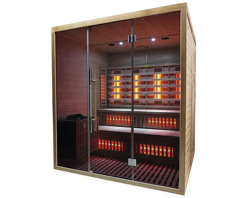 Infračervená sauna so sklenenou prednou stenou a dreveným obkladom