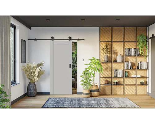 Obývacia izba s posuvnými dverami, knižnicou a okrasnými rastlinami
