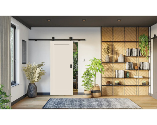 Interiér s posuvnými dverami, knižnicou a dekoráciami pre štýlové bývanie.