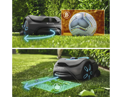 Robotická kosačka Gardena na trávniku s pokynmi na detekciu prekážok