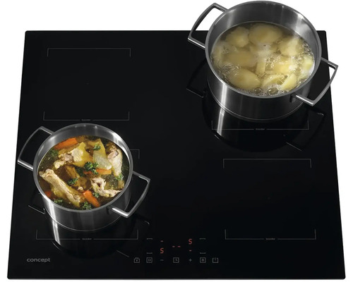 Čierna indukčná varná doska s dvoma hrncami s jedlom.