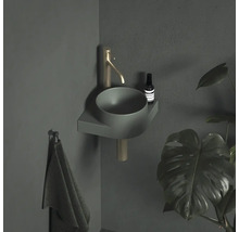 Moderná kúpeľňa s umývadlom na dosku, batériou, uterákom a izbovou rastlinou