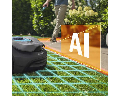 Robotická kosačka Gardena s umelou inteligenciou v prevádzke na trávniku