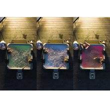 Tri vírivky na drevenej terase s kúpajúcimi sa a farebným osvetlením.