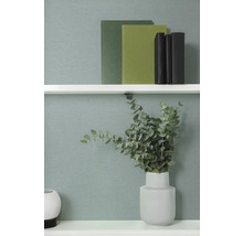 Dekoratívna scéna s policami, knihami a vázou s eukalyptom