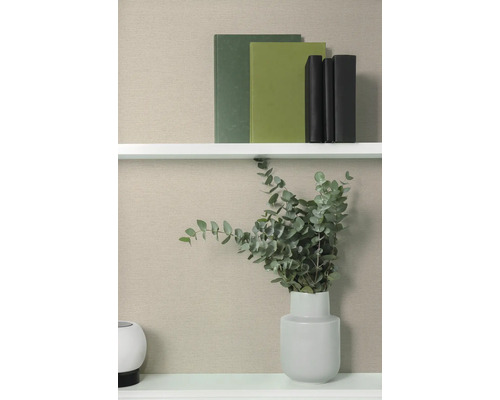 Polica s knihami a eukalyptom vo váze