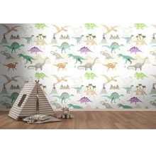 Detská izba s tapetou s dinosaurami, hracím stanom a plyšovou hračkou