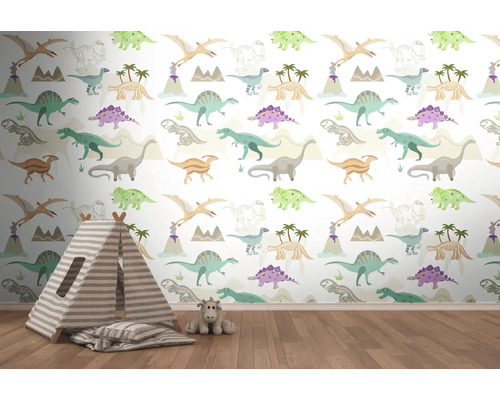 Detská izba s tapetou s dinosaurami, hracím stanom a plyšovou hračkou