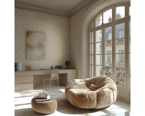 Svetlá miestnosť so stolom, stoličkou, sedacím vakom a veľkým oknom