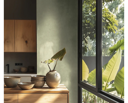 Svetlá kuchyňa s drevenými prvkami, riadom a oknom s výhľadom do zelene