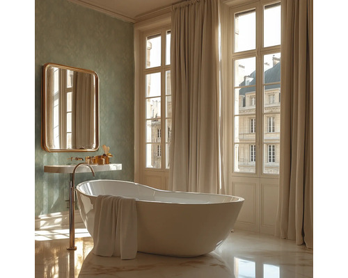 Kúpeľňa s voľne stojacou vaňou, umývadlom a zrkadlom