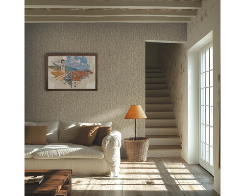 Obývacia izba s pohovkou, obrazom a schodiskom