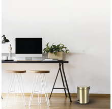 Scéna so stolom, stoličkami, monitorom počítača, rastlinou a kovovým vedrom s nožným pedálom.