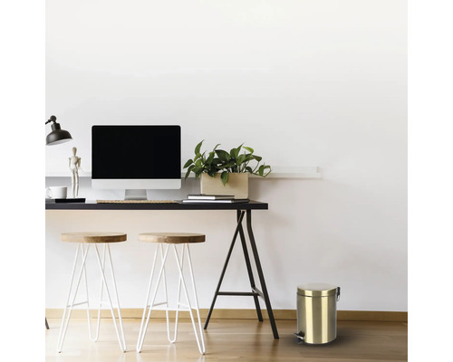 Scéna so stolom, stoličkami, monitorom počítača, rastlinou a kovovým vedrom s nožným pedálom.