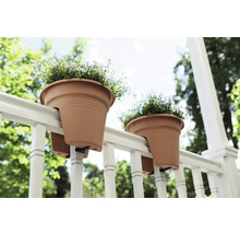 Dva kvetináče visia na zábradlí s kvetmi.