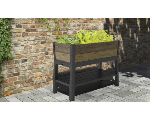 Vyvýšený záhon s úložným priestorom a rastlinami pred tehlovou stenou