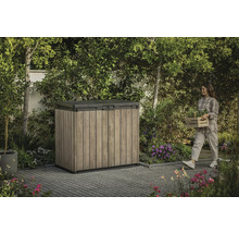 Záhradná skriňa vonku so ženou nesúcou rastliny