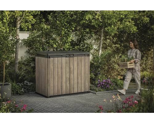 Záhradná skriňa vonku so ženou nesúcou rastliny