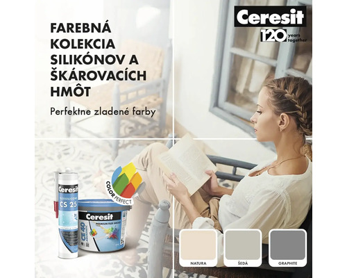 Farebná kolekcia silikónov a škárovacích hmôt so ženou čítajúcou knihu spolu s produktmi Ceresit CS 25 a Ceresit CE 40