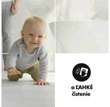 Montážny obrázok s bábätkom na podlahe a symbolom jednoduchého čistenia