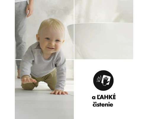 Montážny obrázok s bábätkom na podlahe a symbolom jednoduchého čistenia