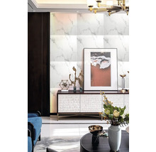 Interiér s obloženou stenou vo vzhľade mramoru, komoda a dekorácie