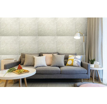 Obývacia izba s obkladovou stenou vo vzhľade mramoru, pohovkou a odkladacím stolíkom.