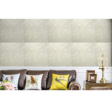 Obývacia izba s obkladom stien so vzhľadom mramoru a hnedou koženou pohovkou