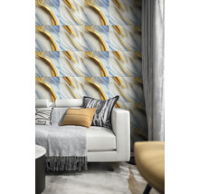 Dekoratívny interiér s obkladačkami, pohovkou a závesmi