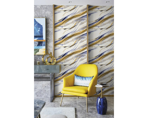 Dizajn izby s nástenným panelom s mramorovým vzorom v zlatej a modrej farbe