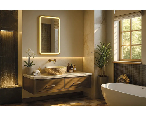 Moderná kúpeľňa s umývadlom, zrkadlom s osvetlením a vaňou.