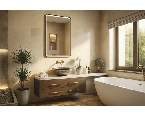 Svetlá kúpeľňa s umývadlom, zrkadlom s osvetlením, vaňou a dekoratívnymi prvkami