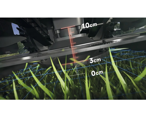 Detailný pohľad na kosačku na trávu s ukazovateľom výšky kosenia medzi nulou a desiatimi centimetrami