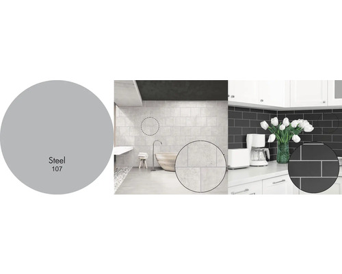 Použitie dlaždíc v kúpeľni a kuchyni s farebnou vzorkou oceľ 107