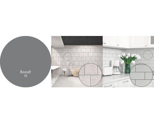 Kúpeľňa a kuchyňa s obkladmi stien v rôznych odtieňoch šedej a detaily dlaždíc.