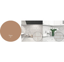 Príklad kúpeľne a kuchyne s obkladom a vzorkou farby Siena 47