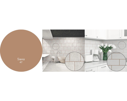 Príklad kúpeľne a kuchyne s obkladom a vzorkou farby Siena 47