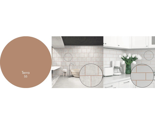 Obklady v kúpeľni a kuchyni zobrazené farbou Terra 55