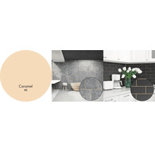 Nástenné prevedenie s dlaždicami v kúpeľni a kuchyni, farebný tón karamel