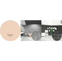 Interiérové scény s dlaždicami v rôznych farbách a vzorkovník farieb s názvom Bahama 43