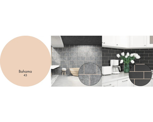 Interiérové scény s dlaždicami v rôznych farbách a vzorkovník farieb s názvom Bahama 43