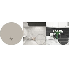 Produktová fotografia s farebným poľom Sivá 7, kúpeľňa so sivými obkladmi a kuchyňa s čiernymi obkladmi.