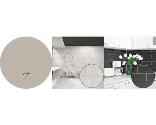Produktová fotografia s farebným poľom Sivá 7, kúpeľňa so sivými obkladmi a kuchyňa s čiernymi obkladmi.